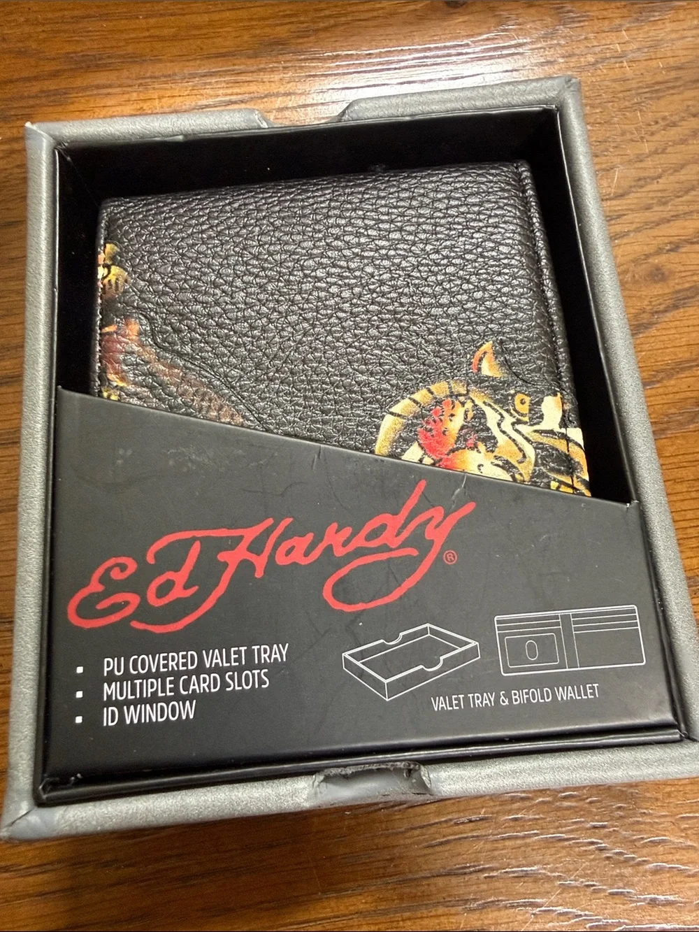 Ed Hardy Black Wallet with Fierce Tiger Artwork. Multiple card slots. ID window.
